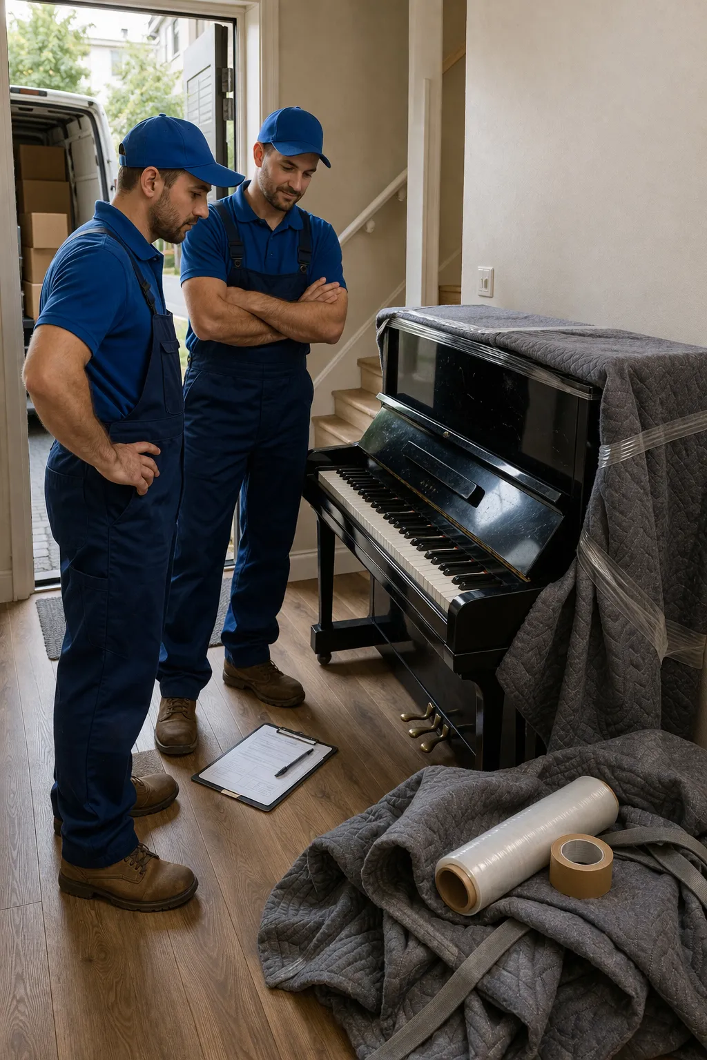 Two movers in blue uniforms inspecting an upright piano wrapped in moving blankets